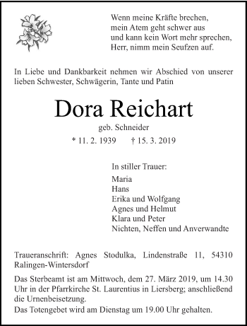 Traueranzeige von Dora Reichart von trierischer_volksfreund