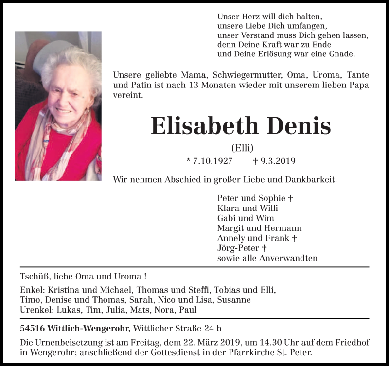  Traueranzeige für Elisabeth Denis vom 16.03.2019 aus trierischer_volksfreund