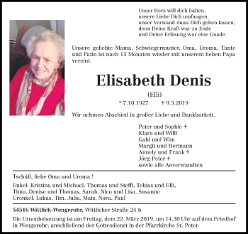 Traueranzeige von Elisabeth Denis von trierischer_volksfreund