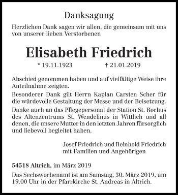 Traueranzeige von Elisabeth Friedrich von trierischer_volksfreund