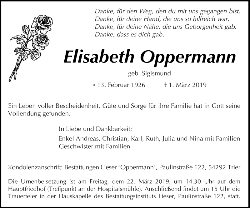  Traueranzeige für Elisabeth Oppermann vom 09.03.2019 aus trierischer_volksfreund