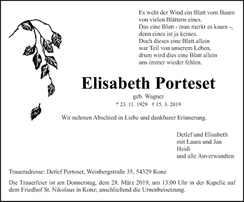 Traueranzeige von Elisabeth Porteset von trierischer_volksfreund