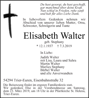 Traueranzeige von Elisabeth Walter von trierischer_volksfreund