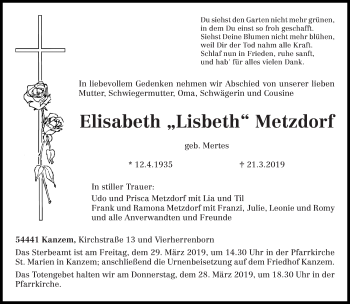 Traueranzeige von Elisabeth Lisbeth Metzdorf von trierischer_volksfreund