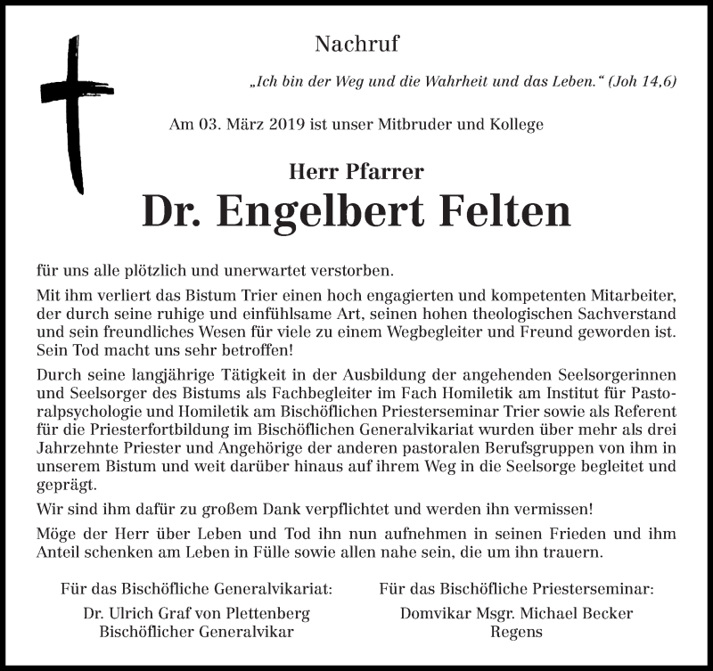  Traueranzeige für Engelbert Felten vom 09.03.2019 aus trierischer_volksfreund