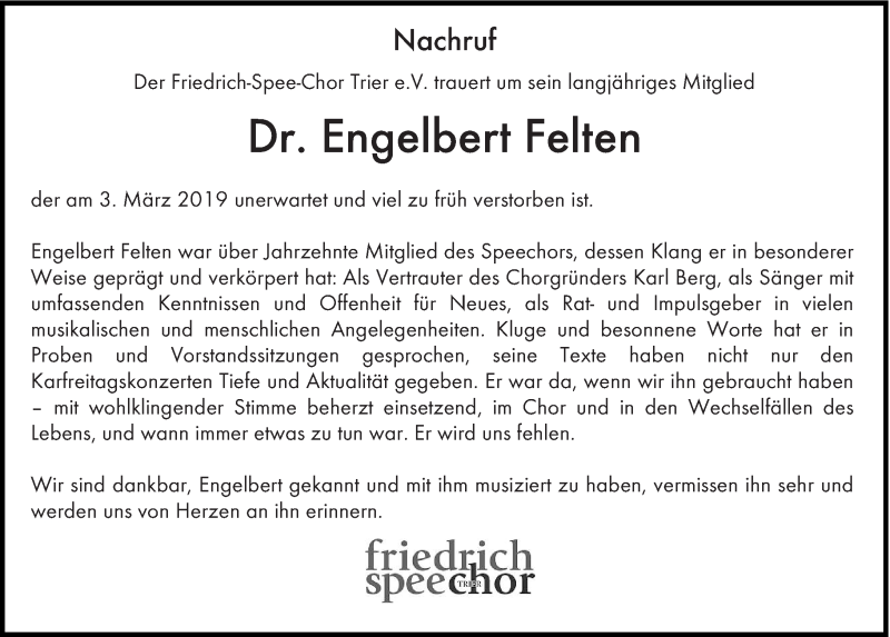  Traueranzeige für Engelbert Felten vom 15.03.2019 aus trierischer_volksfreund