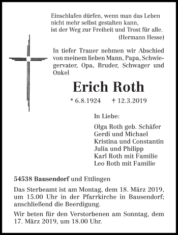 Traueranzeige von Erich Roth von trierischer_volksfreund