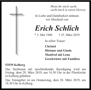 Traueranzeige von Erich Schlich von trierischer_volksfreund