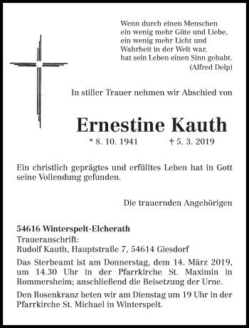Traueranzeige von Ernestine Kauth von trierischer_volksfreund
