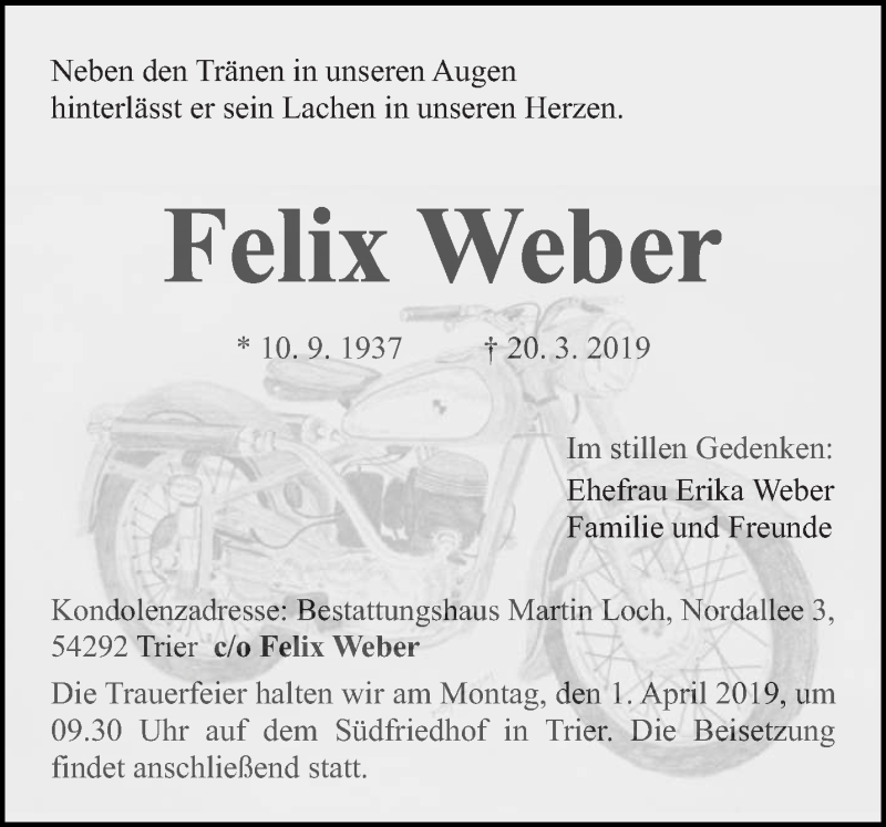  Traueranzeige für Felix Weber vom 29.03.2019 aus trierischer_volksfreund