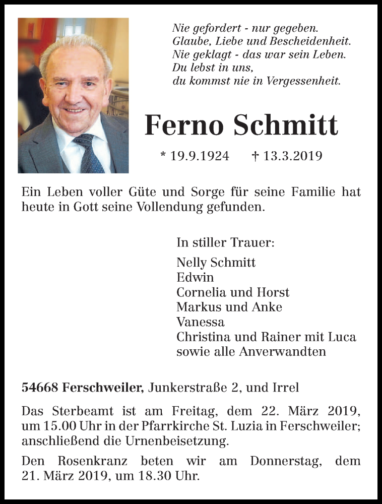  Traueranzeige für Ferno Schmitt vom 19.03.2019 aus trierischer_volksfreund