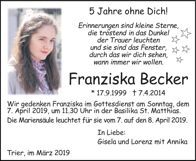  Traueranzeige für Franziska Becker vom 30.03.2019 aus trierischer_volksfreund
