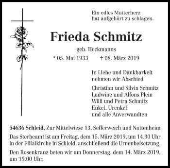 Traueranzeige von Frieda Schmitz von trierischer_volksfreund