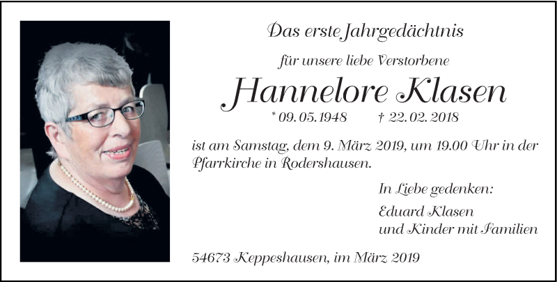  Traueranzeige für Hannelore Klasen vom 02.03.2019 aus trierischer_volksfreund