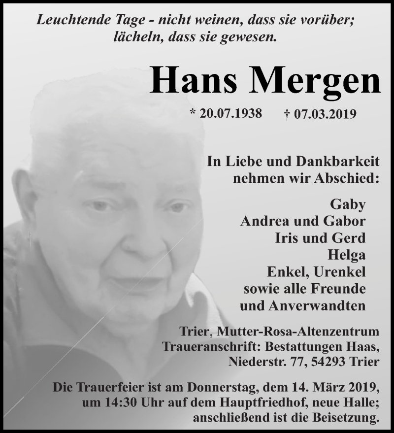  Traueranzeige für Hans Mergen vom 12.03.2019 aus trierischer_volksfreund