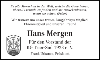Traueranzeige von Hans Mergen von trierischer_volksfreund