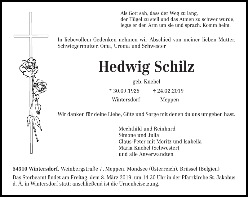 Traueranzeige für Hedwig Schilz vom 06.03.2019 aus trierischer_volksfreund