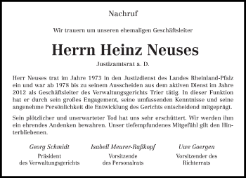 Traueranzeige von Heinz Neuses von trierischer_volksfreund