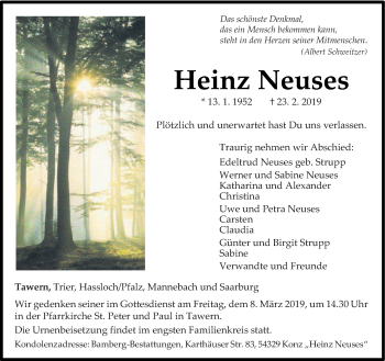 Traueranzeige von Heinz Neuses von trierischer_volksfreund