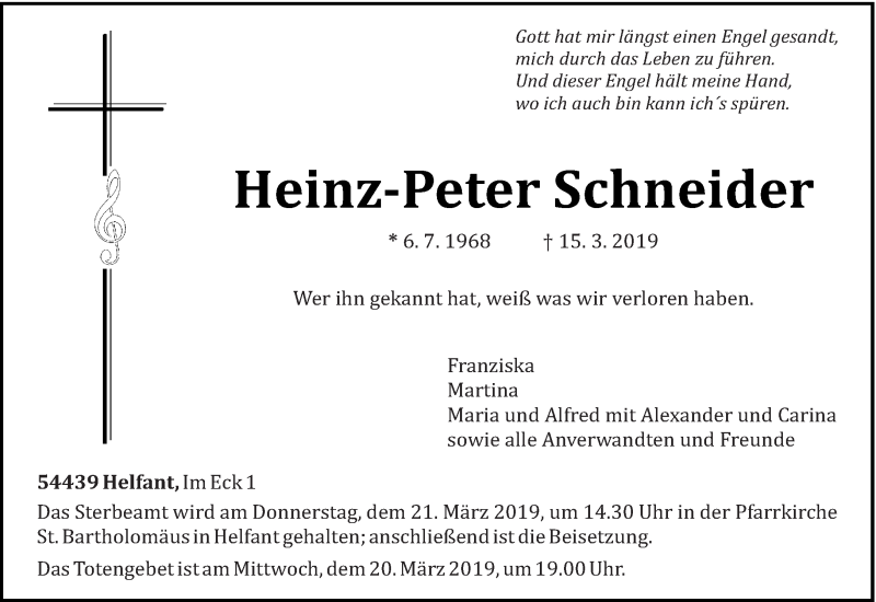  Traueranzeige für Heinz-Peter Schneider vom 19.03.2019 aus trierischer_volksfreund