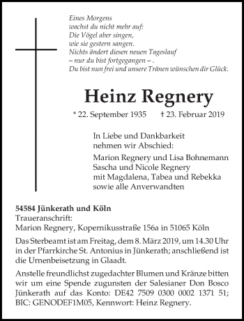 Traueranzeige von Heinz Regnery von trierischer_volksfreund