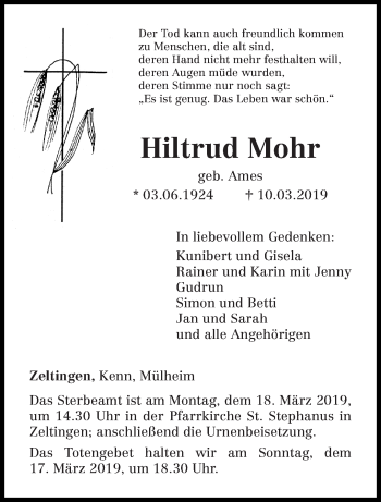 Traueranzeige von Hiltrud Mohr von trierischer_volksfreund