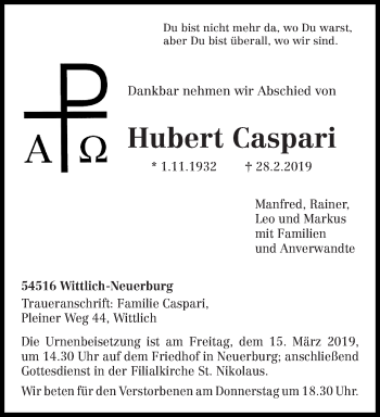 Traueranzeige von Hubert Caspari von trierischer_volksfreund