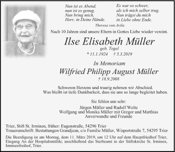 Traueranzeige von Ilse Elisabeth Müller von trierischer_volksfreund
