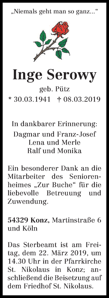 Traueranzeige von Inge Serowy von trierischer_volksfreund