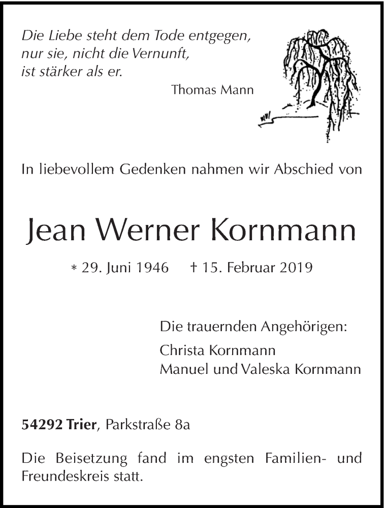  Traueranzeige für Jean Werner Kornmann vom 09.03.2019 aus trierischer_volksfreund