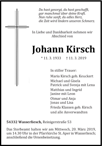 Traueranzeige von Johann Kirsch von trierischer_volksfreund
