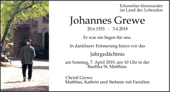 Traueranzeige von Johannes Grewe von trierischer_volksfreund