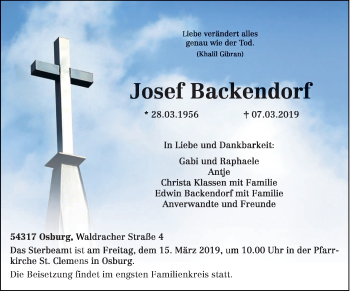 Traueranzeige von Josef Backendorf von trierischer_volksfreund