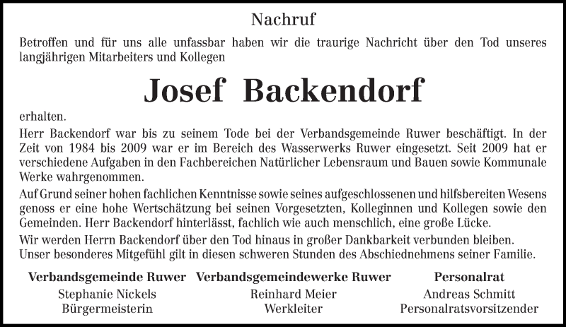  Traueranzeige für Josef Backendorf vom 12.03.2019 aus trierischer_volksfreund