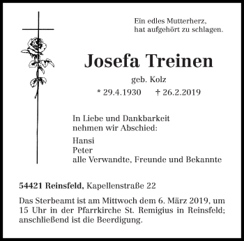 Traueranzeige von Josefa Treinen von trierischer_volksfreund