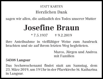 Traueranzeige von Josefine Braun von trierischer_volksfreund