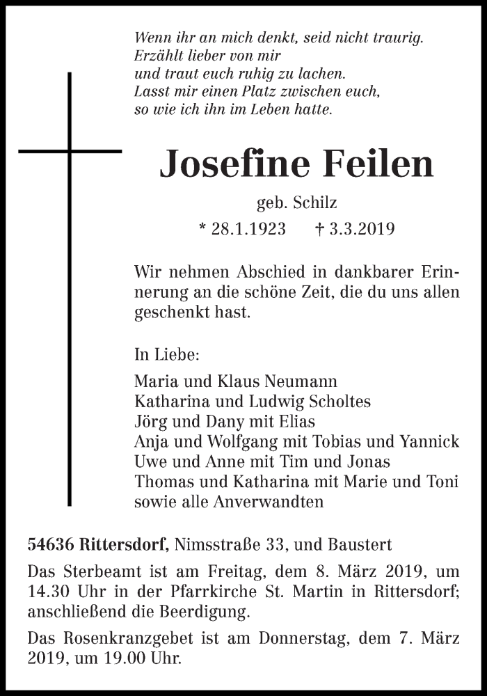  Traueranzeige für Josefine Feilen vom 06.03.2019 aus trierischer_volksfreund
