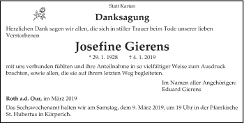 Traueranzeige von Josefine Gierens von trierischer_volksfreund