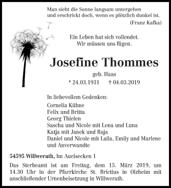 Traueranzeige von Josefine Thommes von trierischer_volksfreund