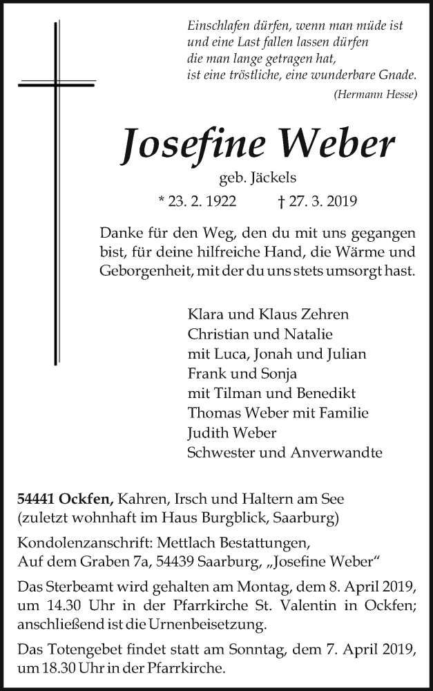  Traueranzeige für Josefine Weber vom 30.03.2019 aus trierischer_volksfreund