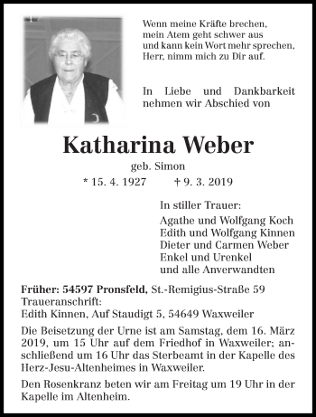 Traueranzeige von Katharina Weber von trierischer_volksfreund
