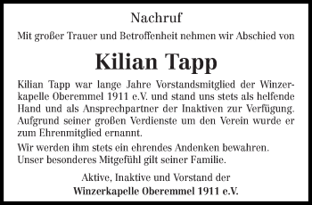 Traueranzeige von Kilian Tapp von trierischer_volksfreund