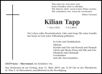Traueranzeige von Kilian Tapp von trierischer_volksfreund