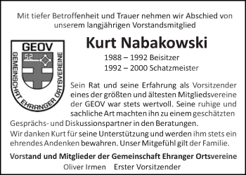 Traueranzeige von Kurt Nabakowski von trierischer_volksfreund