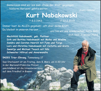 Traueranzeige von Kurt Nabakowski von trierischer_volksfreund
