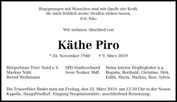 Traueranzeige von Käthe Piro von trierischer_volksfreund