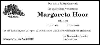 Traueranzeige von Margareta Hoor von trierischer_volksfreund
