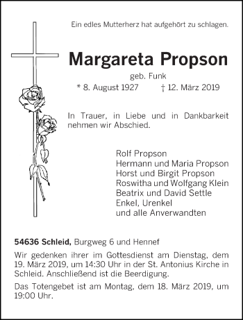 Traueranzeige von Margareta Propson von trierischer_volksfreund