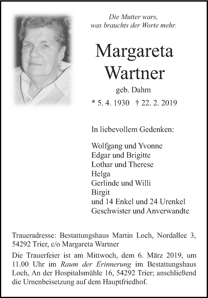  Traueranzeige für Margareta Wartner vom 02.03.2019 aus trierischer_volksfreund
