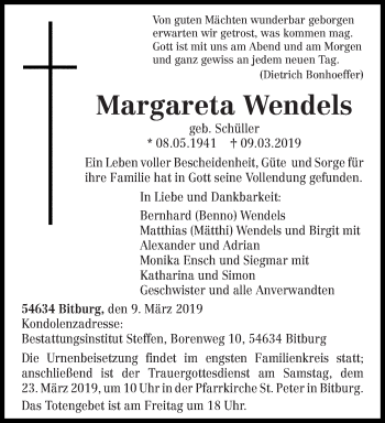 Traueranzeige von Margareta Wendels von trierischer_volksfreund